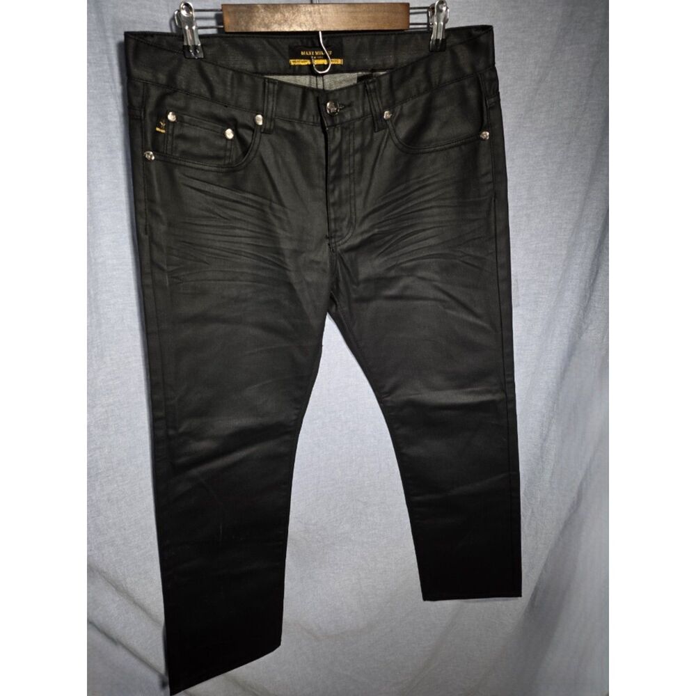 Maxi Milian New York Mens Black Coated Waxed Denim Jeans 34x32 Urban Streetwear